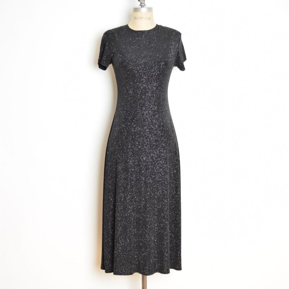 vintage 90s dress black stretch knit sparkle glitter print long maxi party XS S